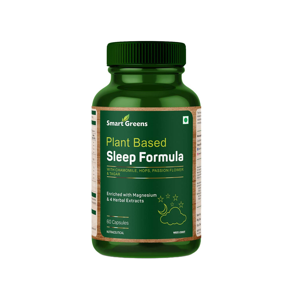 Smart Greens Plant Based Sleep Formula with Chamomile, Hops, Passion Flower & Tagar Enriched with Magnesium & 5 Herbal Extracts – 60 Capsules