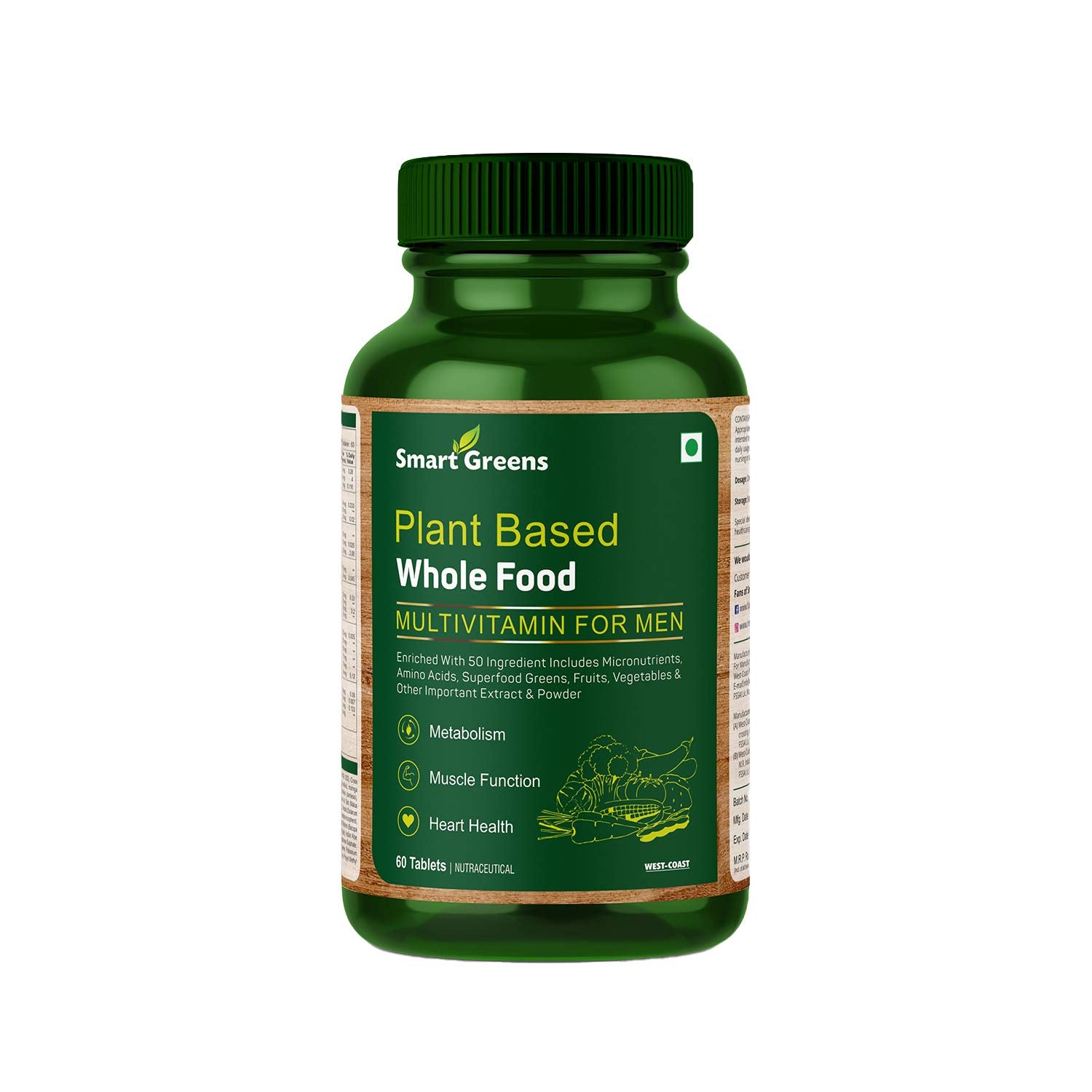 Smart Greens Plant Based Wholefood Multivitamin for Men Enriched with 50 Ingredients Includes Micronutrients, Amino Acids, Superfood Greens, Fruits, Vegetables & other Extract & Powder – 60 Tablets