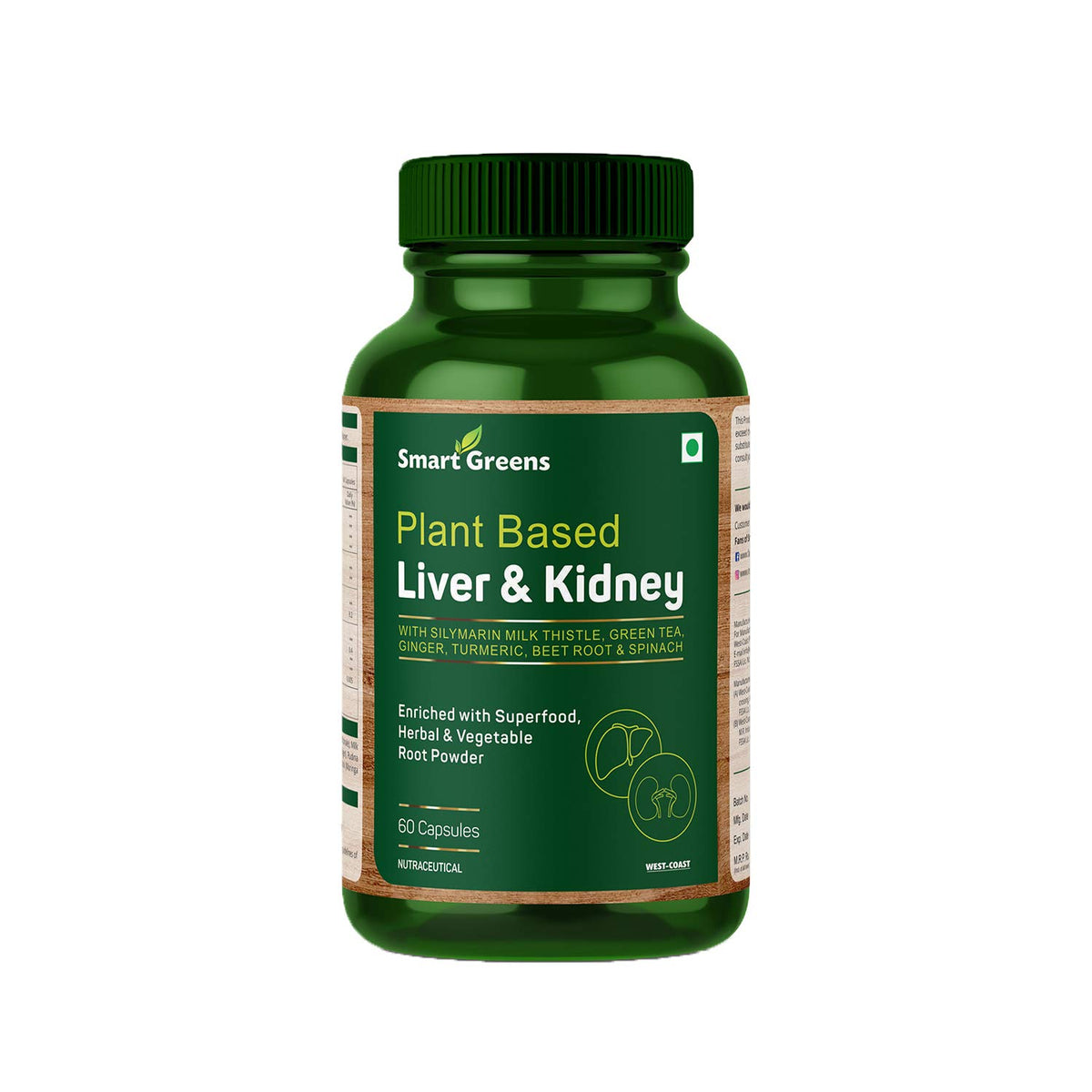 Smart Greens Plant Based Liver & Kidney Enriched with Silymarin Milk Thistle, Green Tea, Ginger, Turmeric, Beetroot & Spinach – 60 Capsules