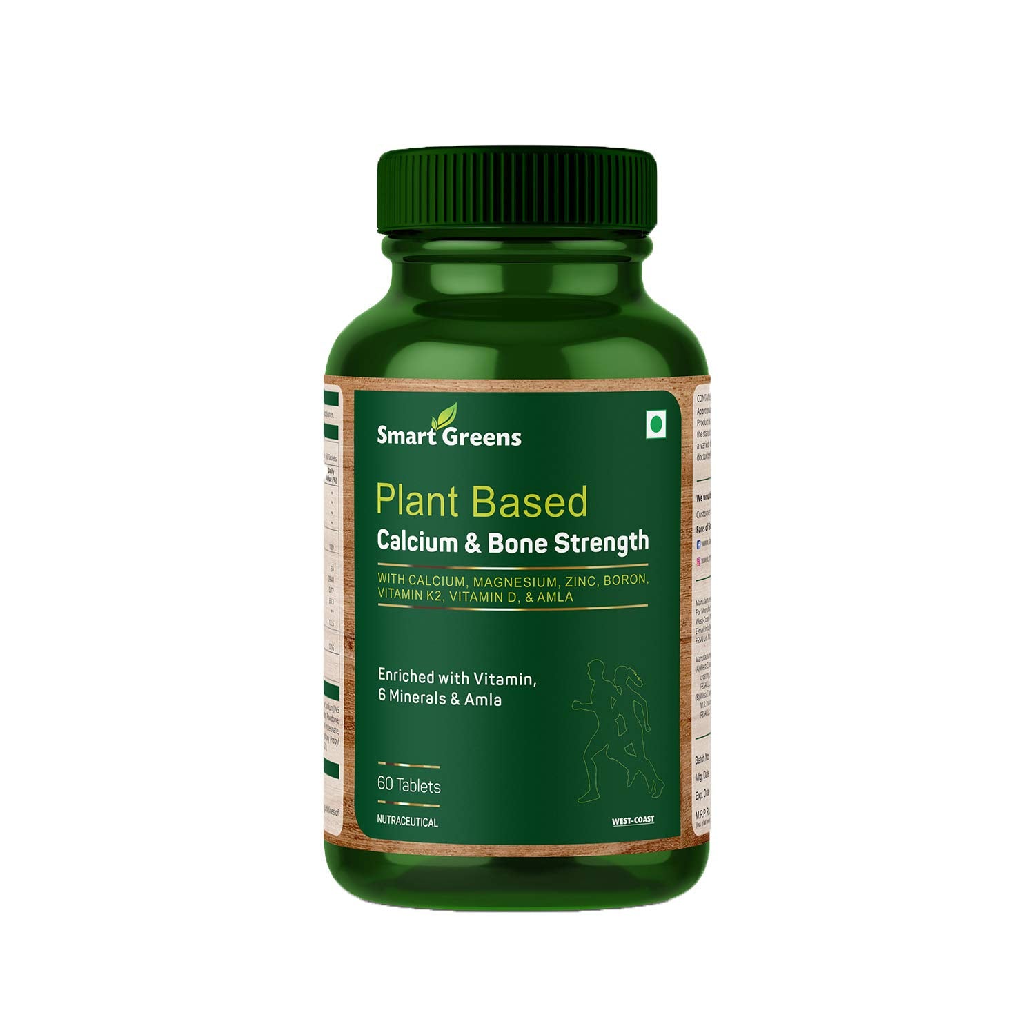 Smart Greens Plant Based Calcium & Bone Strength with Calcium, Magnesium, Zinc, Boron, Vitamin K2, Vitamin D & Amla – 60 Tablets