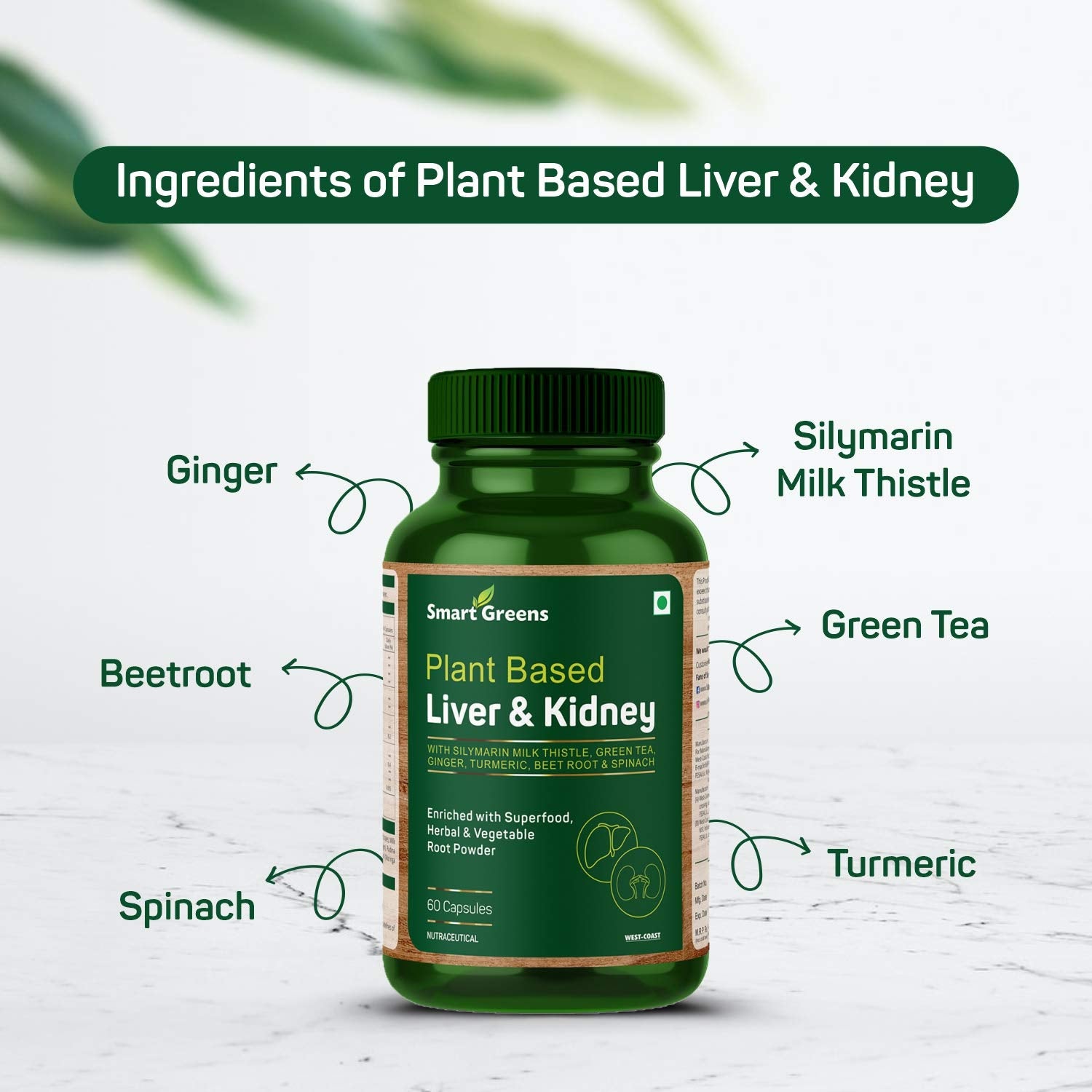 Smart Greens Plant Based Liver & Kidney Enriched with Silymarin Milk Thistle, Green Tea, Ginger, Turmeric, Beetroot & Spinach – 60 Capsules