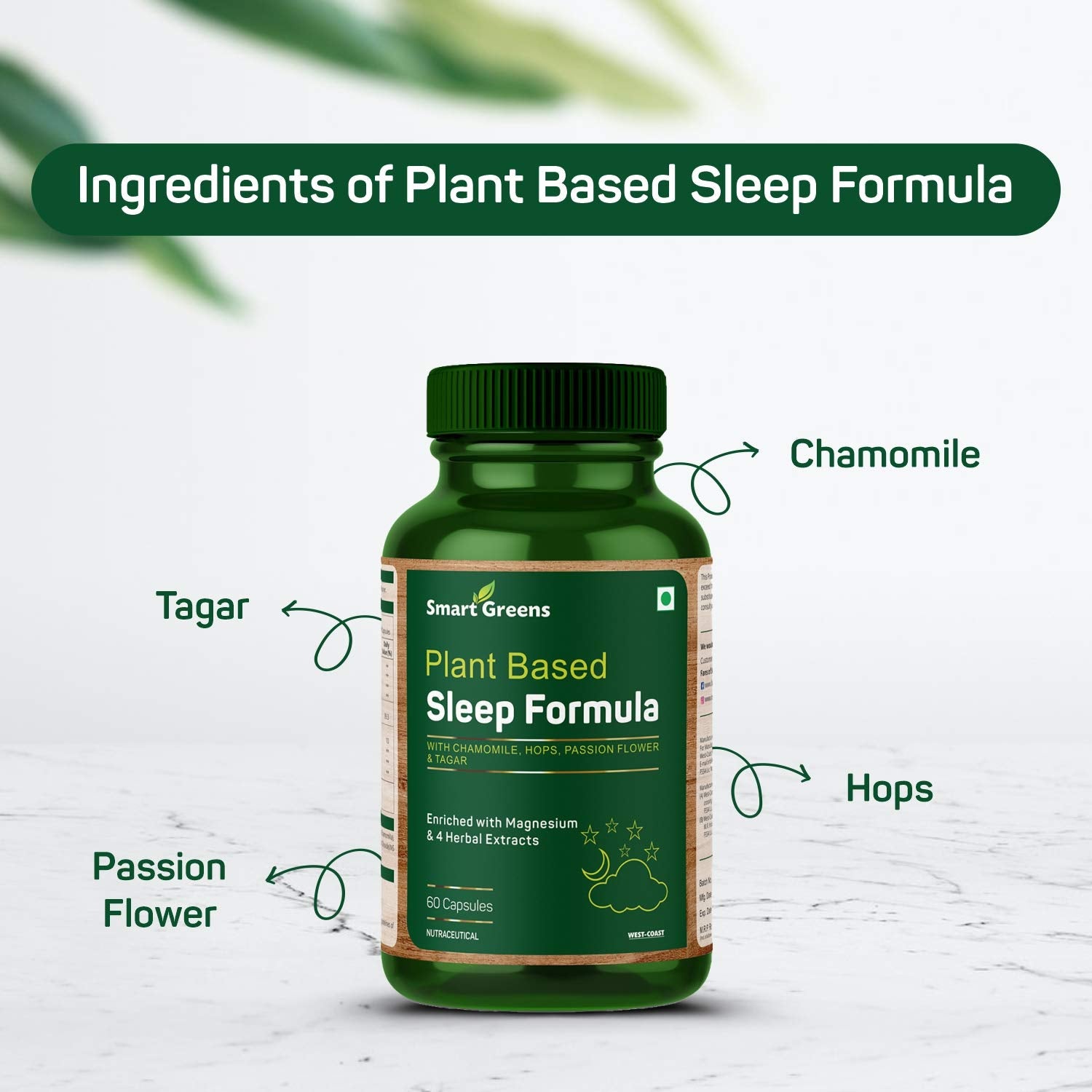 Smart Greens Plant Based Sleep Formula with Chamomile, Hops, Passion Flower & Tagar Enriched with Magnesium & 5 Herbal Extracts – 60 Capsules